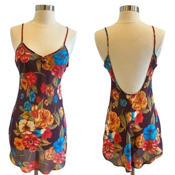 SOLD Vintage Floral Slip Dress V Neck Spaghetti Strap Mini - Picture 1 of 11